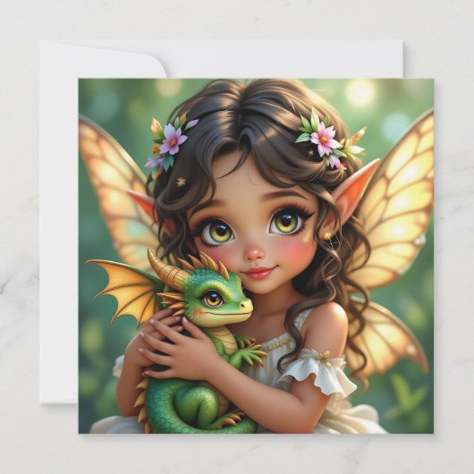茶色の目のエルフの妖精とドラゴン カード (正面)