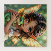 茶色の目のエルフの妖精とドラゴン ジグソーパズル (横)