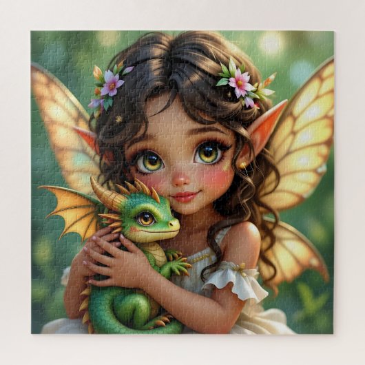 茶色の目のエルフの妖精とドラゴン ジグソーパズル (縦)
