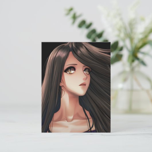 茶色の目をした茶色の髪の乙女のアニメの誕生日 ポストカード (スタンド正面)