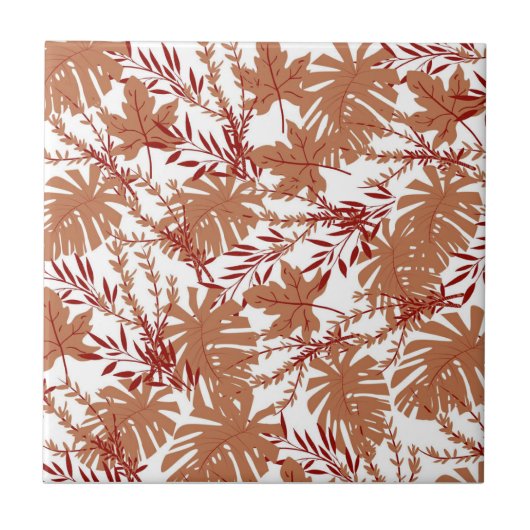 茶色の秋の花と葉の柄 タイル (正面)