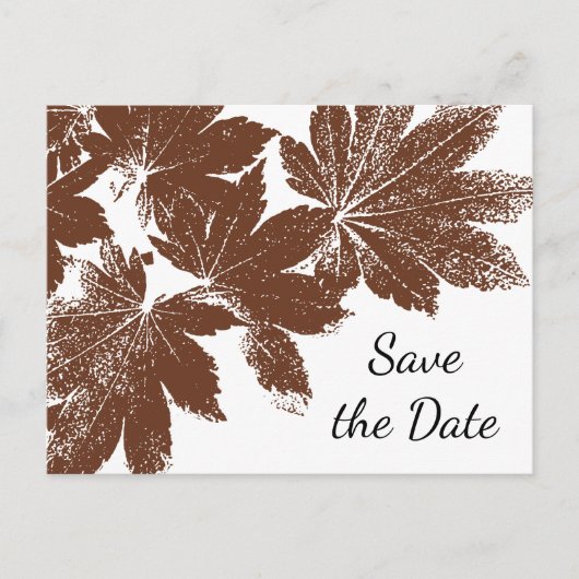 茶色の秋リーフスタンプ結婚式の日付を保存 案内ポストカード (正面)