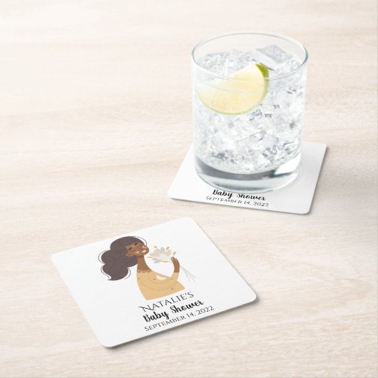 茶色の笑顔のボーホー女性 ハートの花束 スクエアペーパーコースター (インサイチュ)