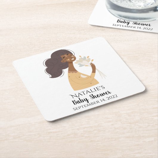 茶色の笑顔のボーホー女性 ハートの花束 スクエアペーパーコースター (アングル)