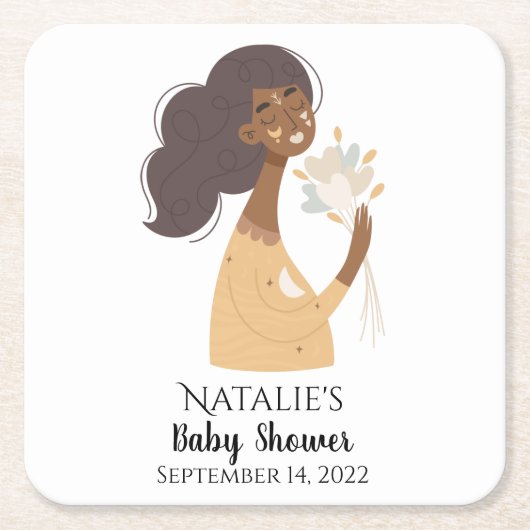 茶色の笑顔のボーホー女性 ハートの花束 スクエアペーパーコースター (正面)