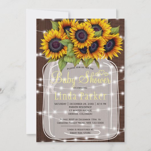 茶色の納屋の木の素朴なメイソンの瓶の赤ちゃんシャワー 招待状 (正面)