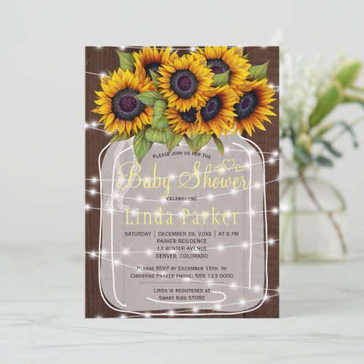 茶色の納屋の木の素朴なメイソンの瓶の赤ちゃんシャワー 招待状 (スタンド正面)