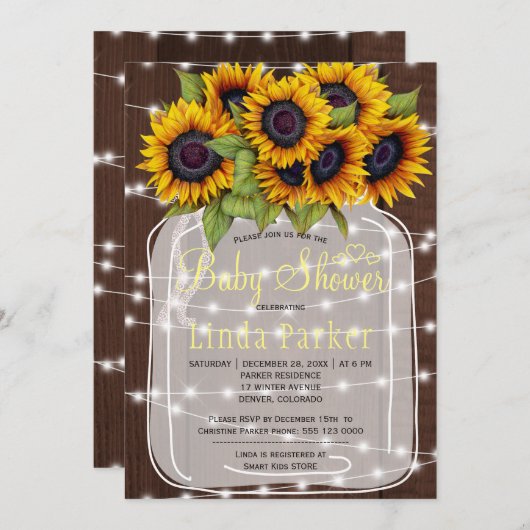 茶色の納屋の木の素朴なメイソンの瓶の赤ちゃんシャワー 招待状 (正面/裏面)