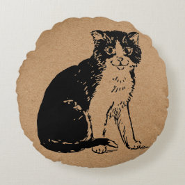 茶色の紙に描かれた子猫の美術作品 ラウンドクッション