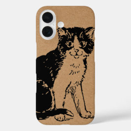 茶色の紙に描かれた子猫の美術作品 iPhone 16ケース