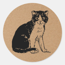 茶色の紙に描かれた子猫の美術品 ラウンドシール