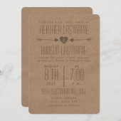 茶色の紙刺激を受けた矢印+ハート素朴茶 招待状 (正面/裏面)