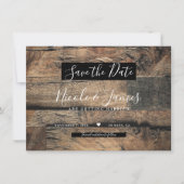 茶色の素朴な古木の板を使った結婚式のSave the Date 招待状 (正面)