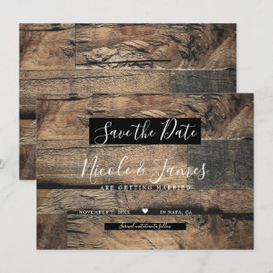 茶色の素朴な古木の板を使った結婚式のSave the Date 招待状