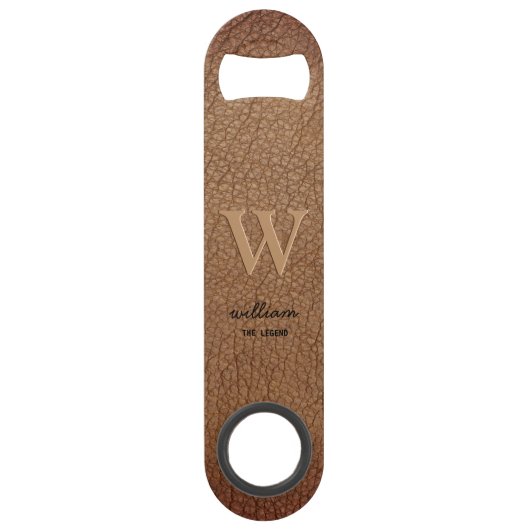 茶色の素朴な革モノグラムスタイリッシュスクリプト名 スピード栓抜き (正面)