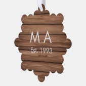 茶色の素朴なboho追加の名前の文字の年日付文字 オーナメントカード (左)