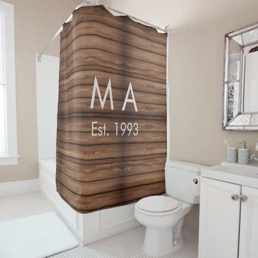 茶色の素朴なboho追加の名前の文字の年日付文字 シャワーカーテン (インサイチュ)