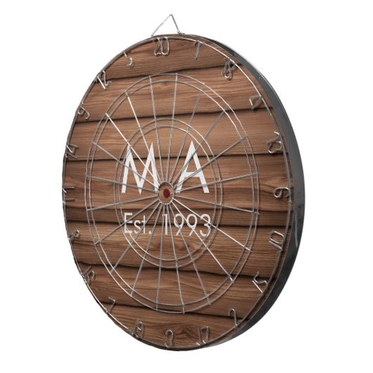 茶色の素朴なboho追加の名前の文字の年日付文字 ダーツボード (正面右)