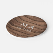 茶色の素朴なboho追加の名前の文字の年日付文字 ペーパープレート (アングル)