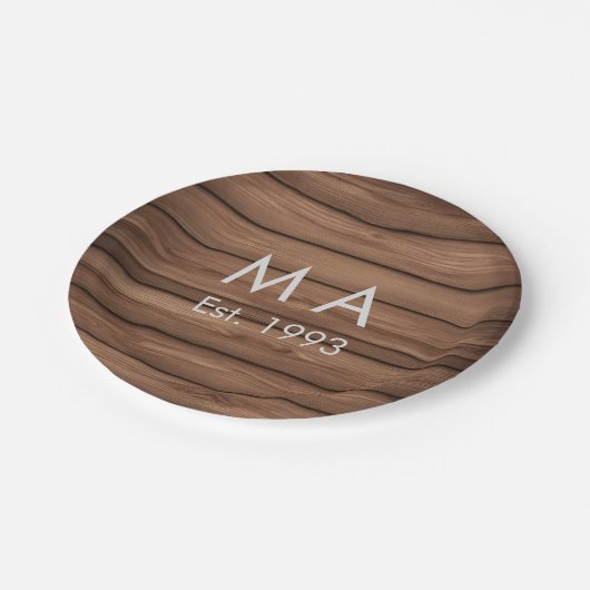 茶色の素朴なboho追加の名前の文字の年日付文字 ペーパープレート (アングル)