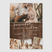 茶色の素朴ウッドchic script 4枚結婚写真 マグネット招待状 (正面)
