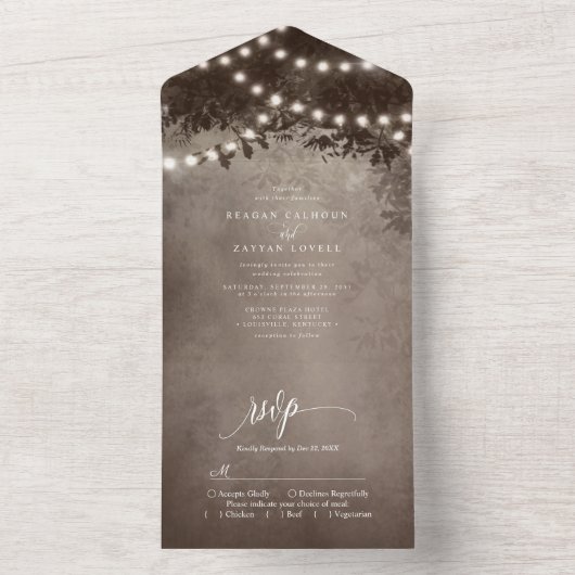 茶色の素朴エーテルの木の文字列のラ結婚イト オールインワン招待状 (内側)