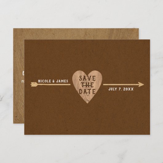 茶色の素朴クラフトハート矢印の日付を保存 案内ポストカード (正面/裏面)