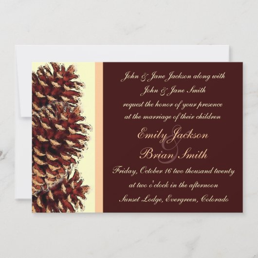 茶色の素朴ピーチの松のコーン結婚式 招待状 (正面)