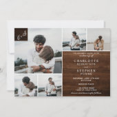 茶色の素朴木のイニシャル6枚の結婚写真 招待状 (正面)