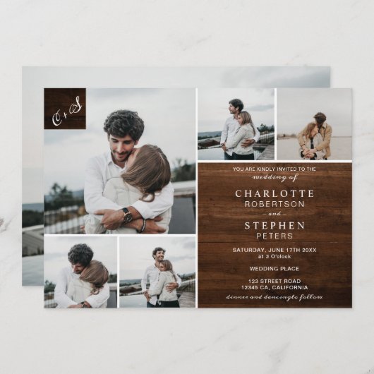 茶色の素朴木のイニシャル6枚の結婚写真 招待状 (正面/裏面)