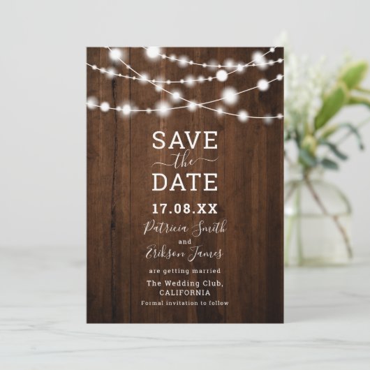 茶色の素朴木の文字列のライトフォト日付を保存 セーブザデート (スタンド正面)