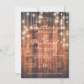 茶色の素朴木材とライト | 結婚s 招待状 (正面)
