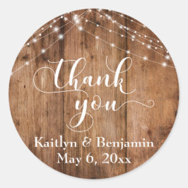 茶色の素朴木材と白のライトストリング、ありがとう ラウンドシール
