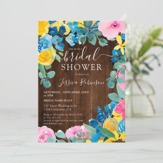 茶色の素朴木材フローラ写真ブライダルシャワー 招待状 (スタンド正面)