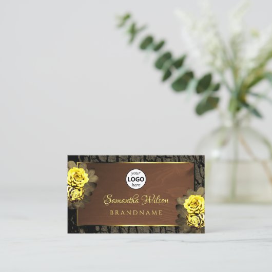 茶色の素朴木目の木の樹皮フローラとロゴ 名刺 (スタンド正面)