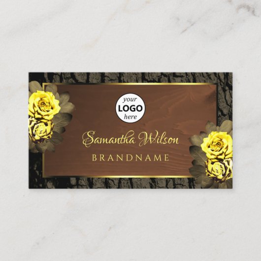 茶色の素朴木目の木の樹皮フローラとロゴ 名刺 (正面)