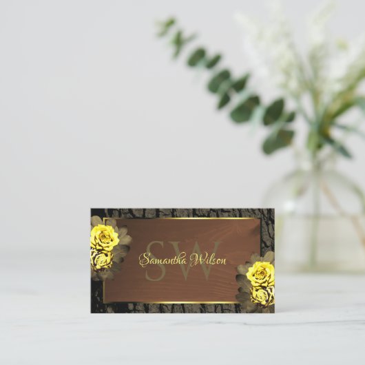 茶色の素朴木目木樹皮フローラモノグラム 名刺 (スタンド正面)