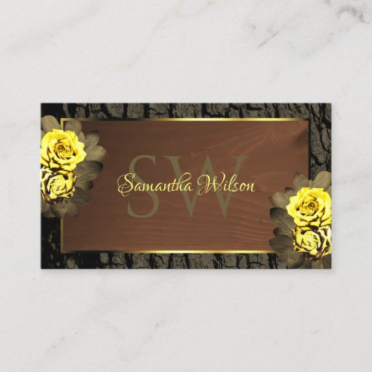 茶色の素朴木目木樹皮フローラモノグラム 名刺 (正面)