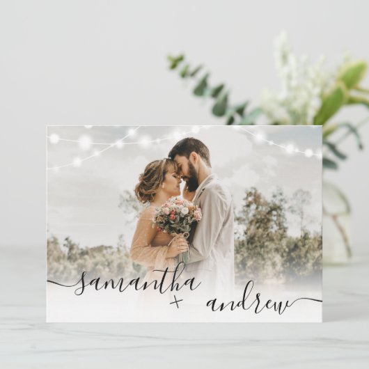 茶色の素朴木製のライトは4枚の写真をスクリプ結婚ト 招待状 (スタンド正面)