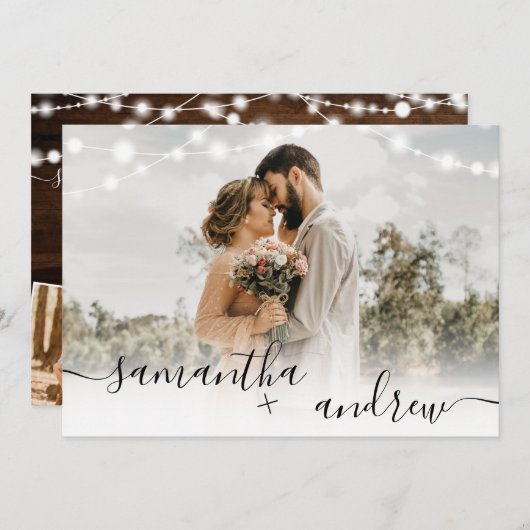 茶色の素朴木製のライトは4枚の写真をスクリプ結婚ト 招待状 (正面/裏面)