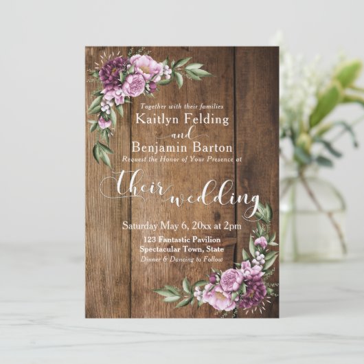 茶色の素朴木製ピンク牡丹のブーケ結婚ーズ 招待状 (スタンド正面)