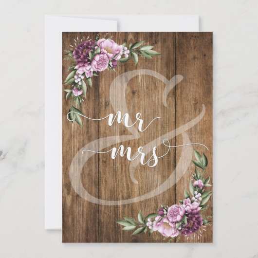 茶色の素朴木製ピンク牡丹のブーケ結婚ーズ 招待状 (裏面)