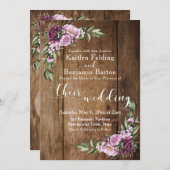 茶色の素朴木製ピンク牡丹のブーケ結婚ーズ 招待状 (正面/裏面)