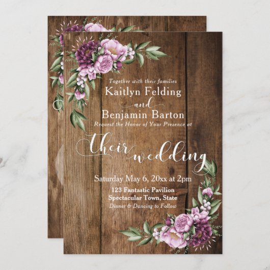 茶色の素朴木製ピンク牡丹のブーケ結婚ーズ 招待状 (正面/裏面)