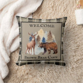 茶色の素朴格子柄のキャビンのベアデコールの水色 クッション (ブランケット)