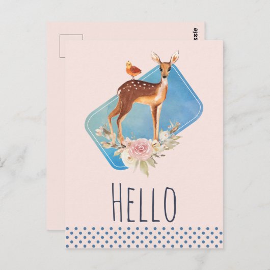 茶色の素朴水色の鹿オンピーチハロー ポストカード (正面/裏面)