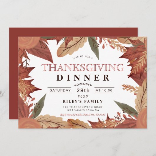 茶色の素朴秋の葉のフローラ感謝祭 招待状 (正面/裏面)