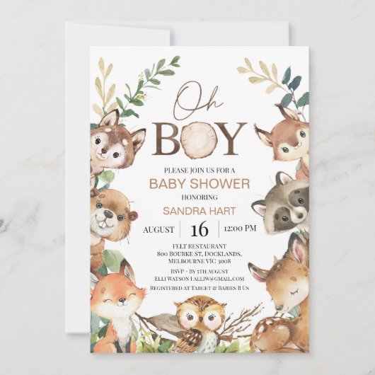 茶色の素朴緑の水の色のウッドランドベビーシャワー 招待状 (正面)