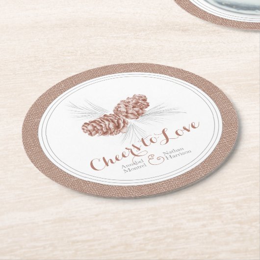 茶色の結婚冬の松のコーン応援愛する ラウンドペーパーコースター (アングル)