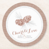 茶色の結婚冬の松のコーン応援愛する ラウンドペーパーコースター (正面)